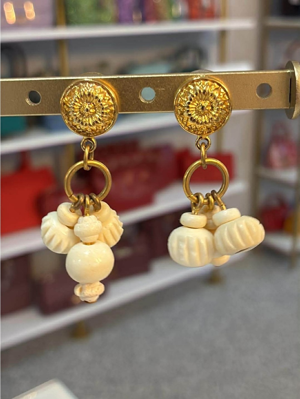 Gold-Tone Drop Earrings with Cream Beaded Charms